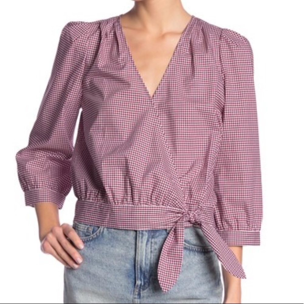 Madewell gingham 3/4 length sleeve wrap top Small